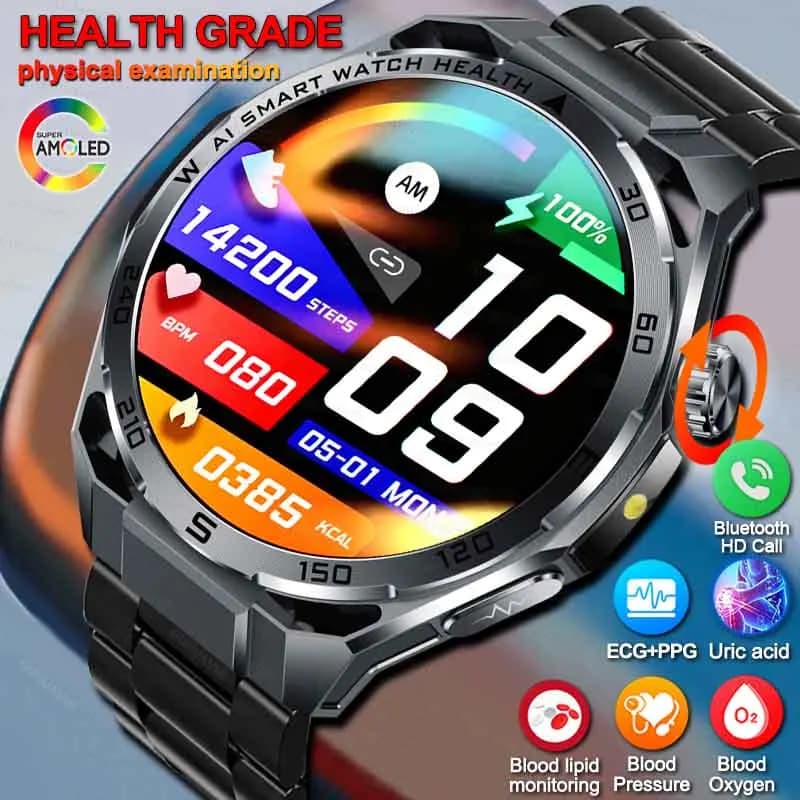 For iOS Android New Health Measurement SmartWatch Men Blood Oxygen Uric Acid ECG+PPG Blood Pressure Call Health Tracker Watches