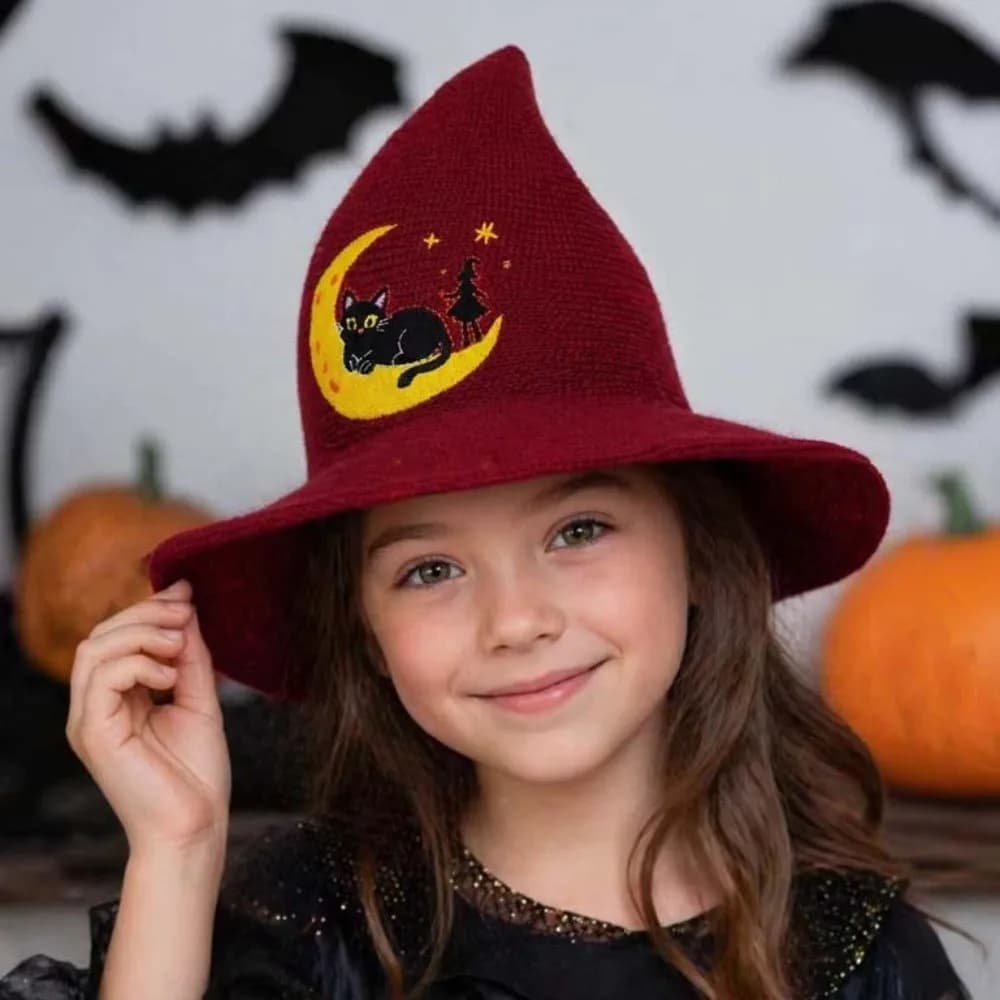 Delicate Embroidery Knitted Witch Hat Soft Breathable Embroidered Wizard Cap Skin-Friendly Non-Itchy Lining One Size Fit