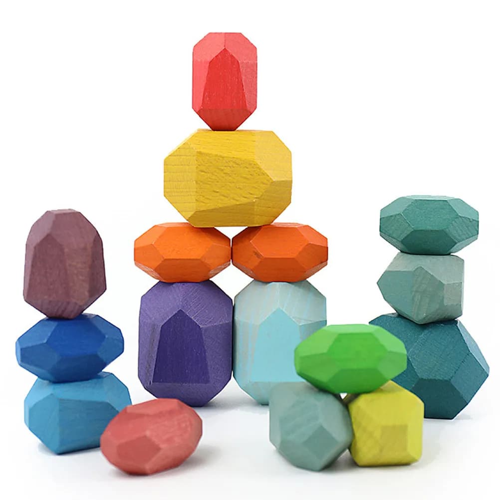 Set di 16 Pietre Impilabili in Legno per l'Equilibrio, Gioco Educativo per Bambini, Riconoscimento dei Colori in Legno Naturale