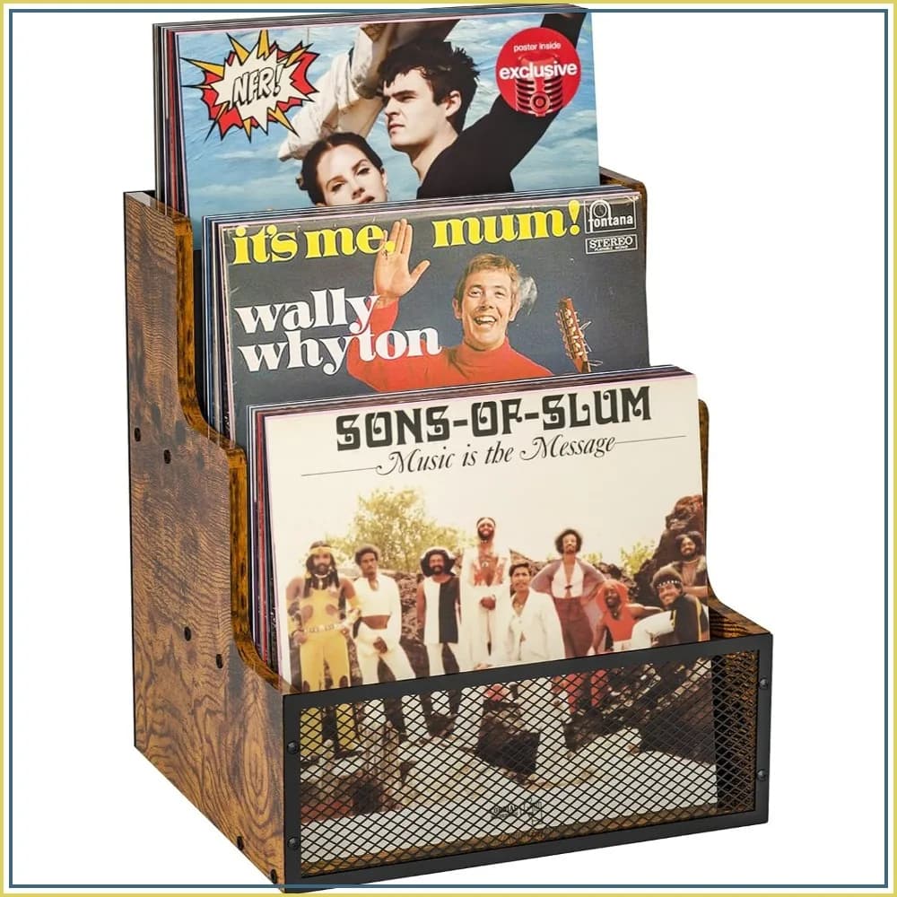 3-Tier Vinyl Record Storage Crate, Holds 60 LPs, Metal & Wood Display Box