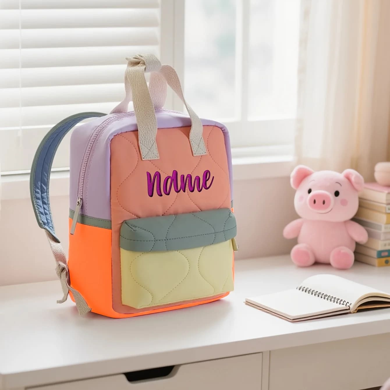 Women's Orange-Yellow Color Block Backpack - Custom Name Embroidery | Cute Small Bag, Ideal Autumn Winter Outing Gift