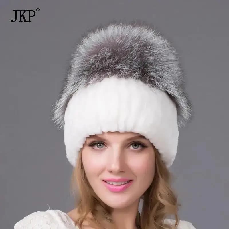 JKP Winter Rex Rabbit Fur Hat For Women With Fox Fur fashion Knitted Cap Beanies Fur Hat Send Gift Good Quality caps THY-27