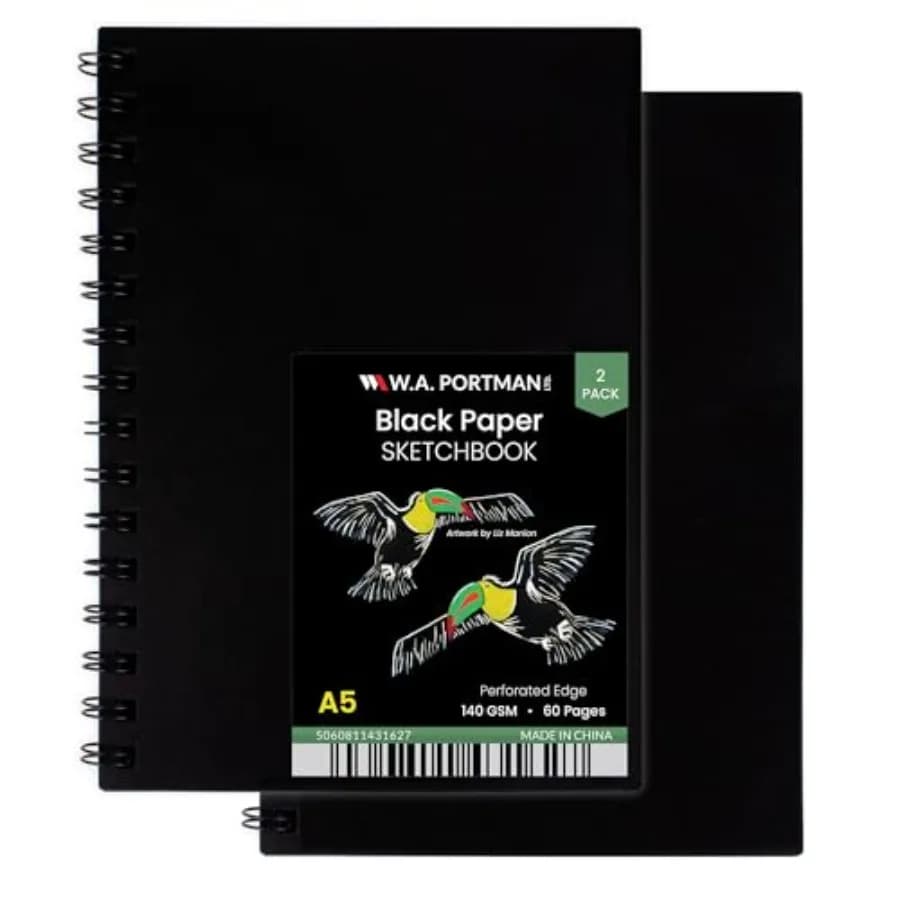 WA Portman Black Paper Sketchbook - 6" x 8.5" 140 GSM Acid-Free Black Paper Notebook 60 Pages (30 Sheets) Spiral Scrapbook Jour