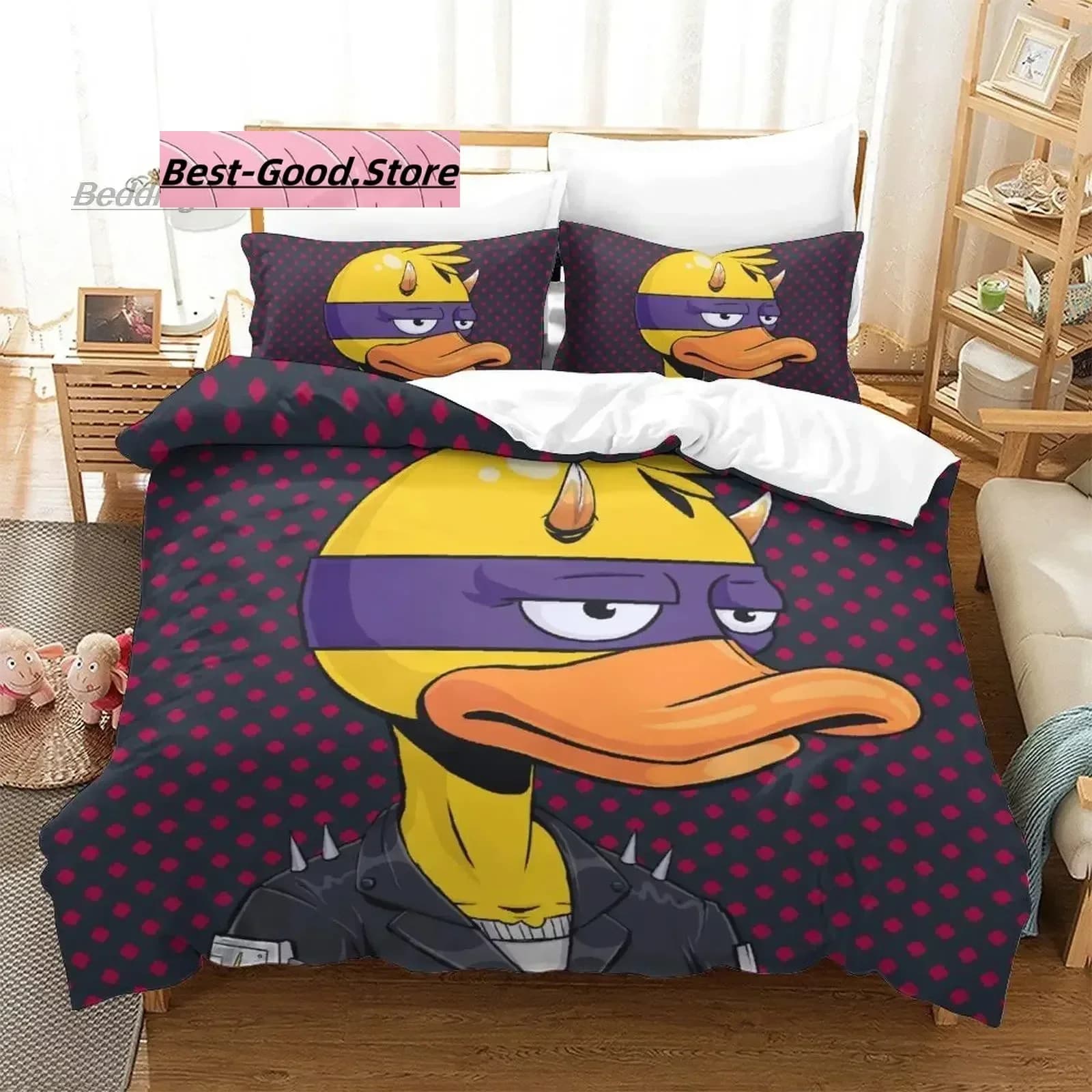 Set di lenzuola 3D Anime con stampa Quackity Duck, copripiumino, federe, set di biancheria da letto, lenzuola, copripiumino, misure Full, Queen, King.