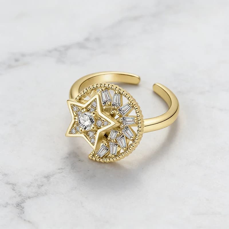 Anello Girevole Antistress con Cristalli a Forma di Stella e Luna, Gioiello Regolabile per Ragazze, Anelli Delicati, Regali e Accessori