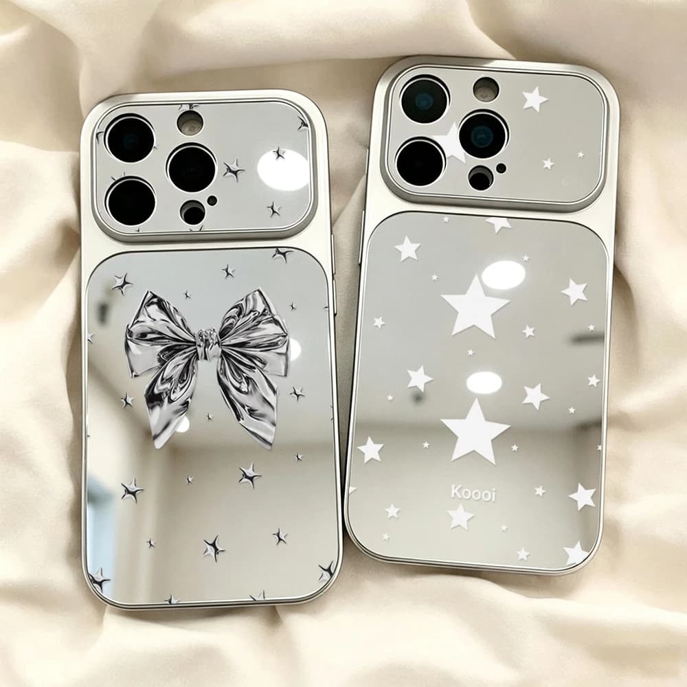 Korean INS Bow Mirror Phone Case For iPhone 17 Pro 18 16 13 14 11 12 15 Pro Max Large Window Shockproof Soft Bumper Cover Capa