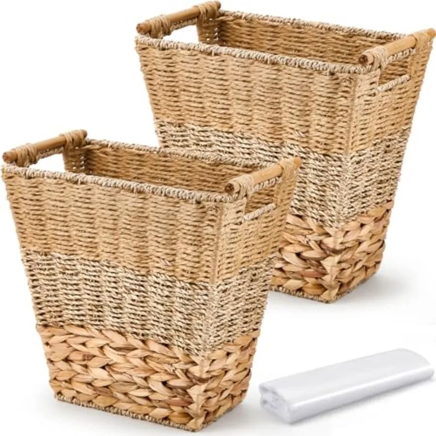 Set di 2 Cestini in Vimini con 50 Sacchetti Piccoli per Rifiuti, Cesto Intrecciato con Manici, Sacchetti Multiuso Trasparenti per Bagno