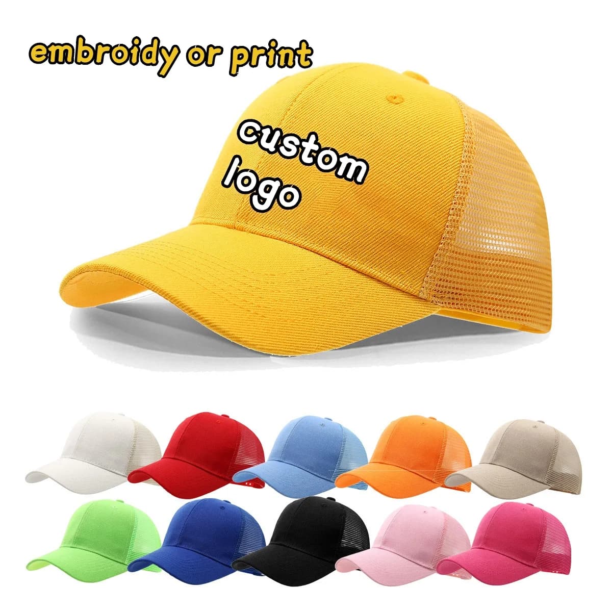 Summer mesh hat in solid color with embroidered print with custom logo for truck driver caps for outdoor sports for men and women