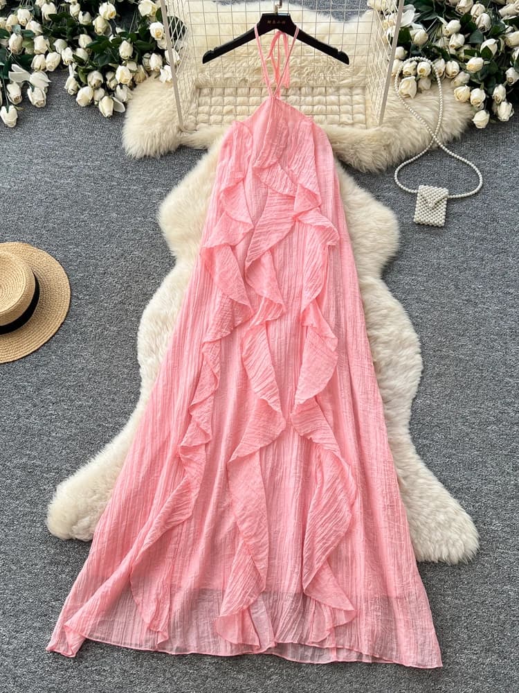 Abito lungo estivo rosa senza spalline a trapezio da donna, con gonna a balze a vita alta, design sensazionale per un look unico