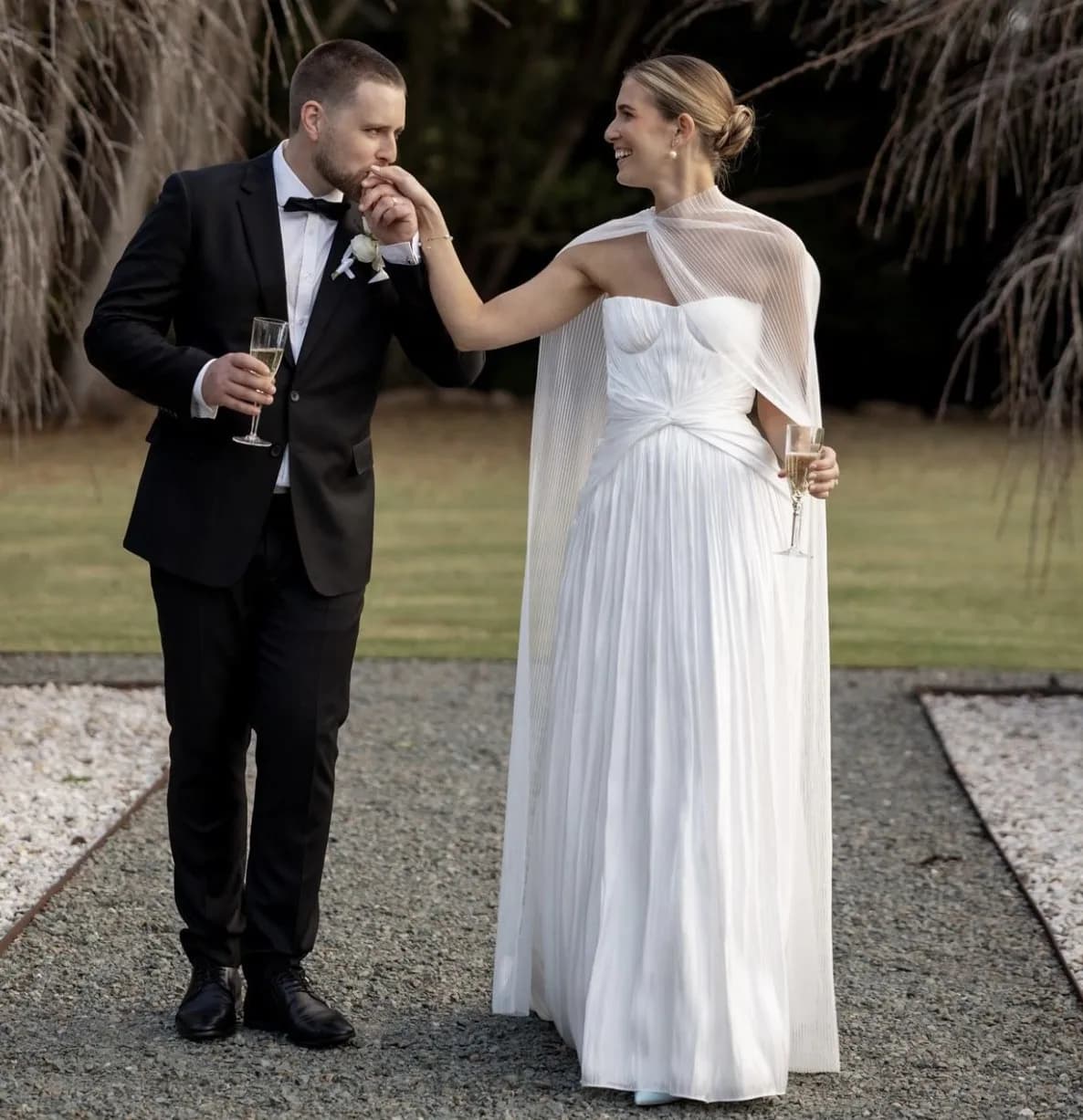 2-in-1 Minimalist Pleated Satin Wedding Dress with High Neck Cape, Elegant Bridal Gown for Outdoor Weddings