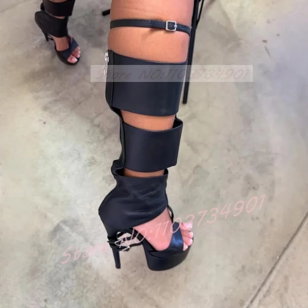Sandali alti avvolti al ginocchio con cut-out Sandali da donna con fibbia aperta e plateau con cinturino stile Roma Tacchi a spillo Sandali gotici di classe da donna