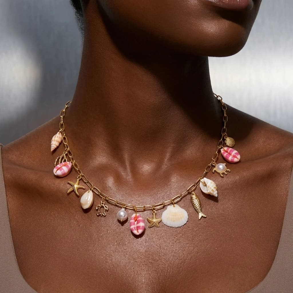 Collana Bohemien con Stella Marina, Conchiglia e Perle Imitate per Donna, Collana con Ciondoli Multipli a Conchiglia Colorata, Gioiello da Spiaggia, Regalo per Feste