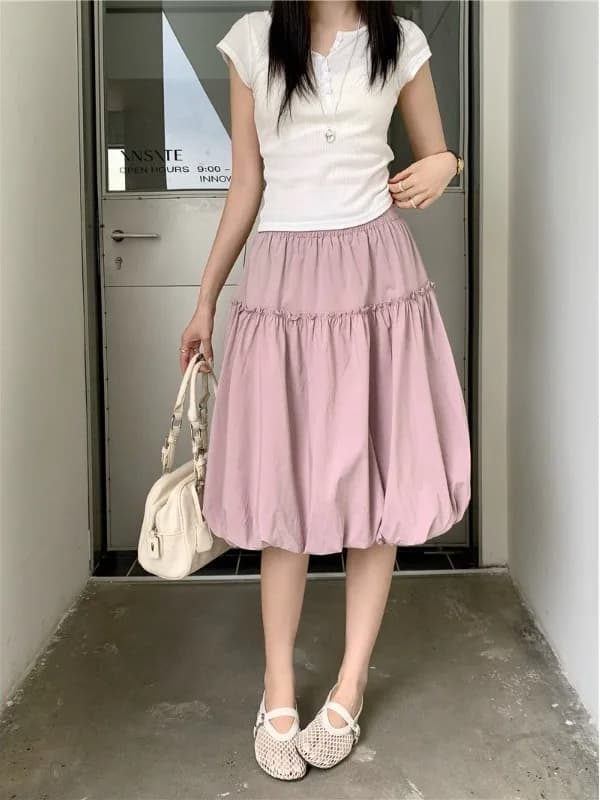 Spring Summer 2026 Korean Style A-Line Pleated Flower Bud Skirt High Waist Patchwork Wooden Trim Fluffy Half-length Skirt