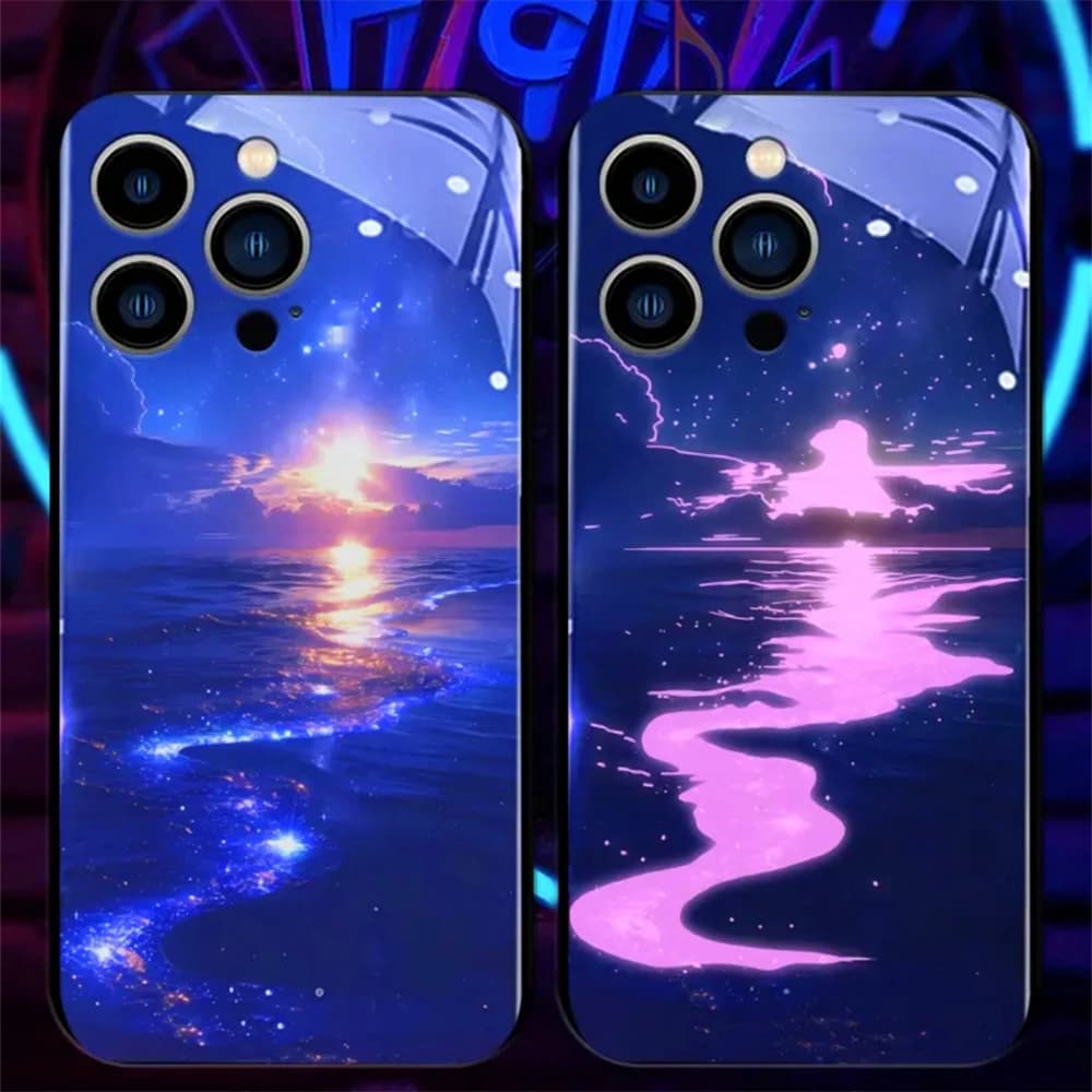 Sunrise Moon Sea Design Smart LED Light Glow Tempered Glass Phone Case For iPhone Air 17 16 15 14 13 12 11 Pro Max Plus