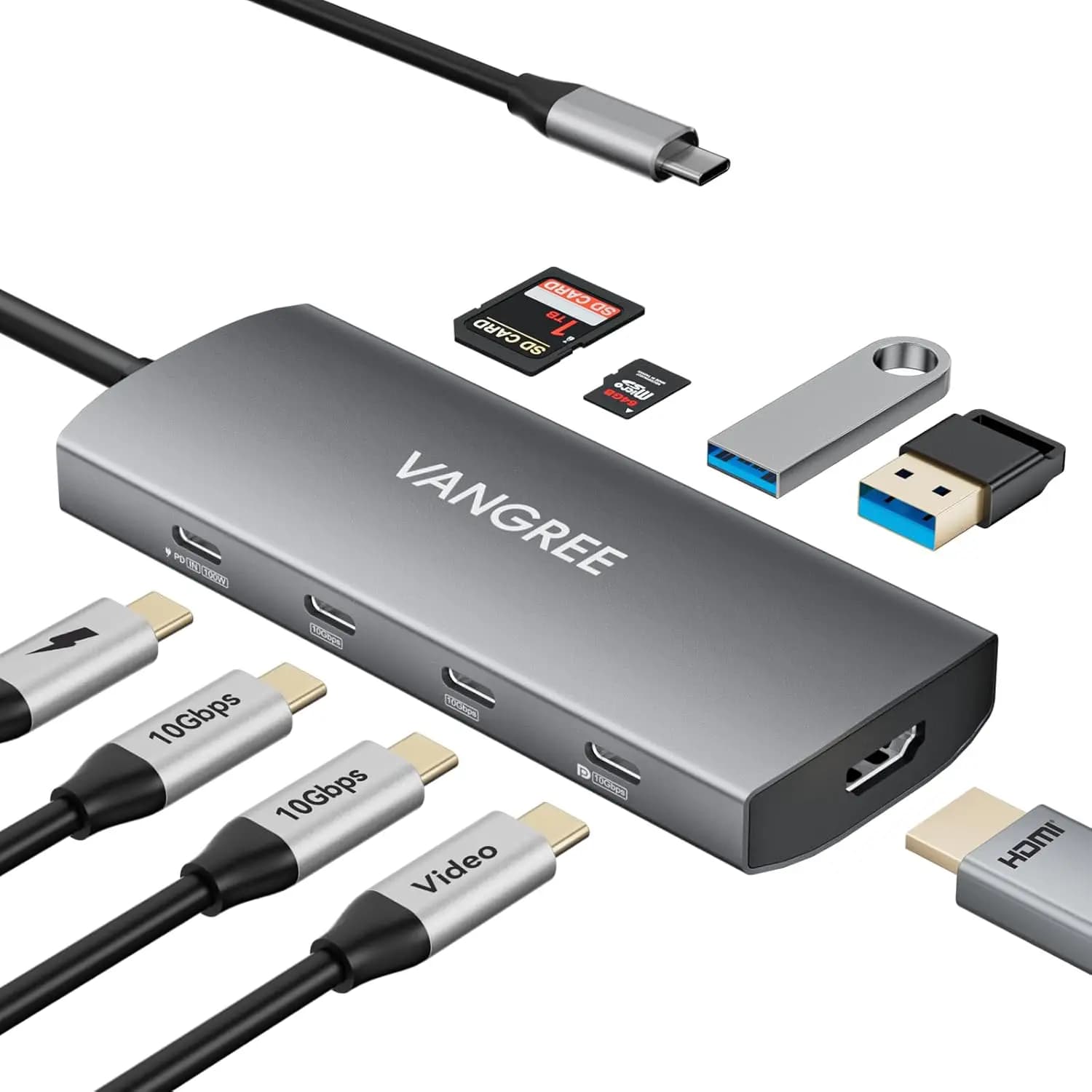 USB C Hub with 3 USB-C and 2 USB-A ports, HDMI 4K, PD 100 W player, SD/TF for laptops and tablets