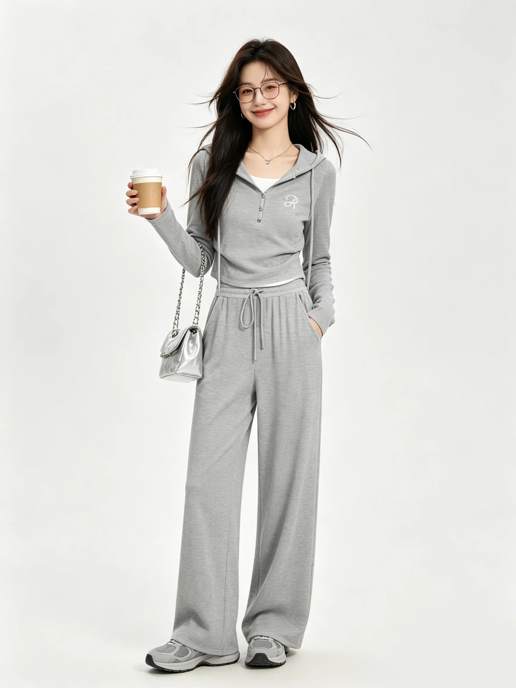 Chic Light Grey Casual Knitted Set High Waist Drapey Pants Short Hoodie Two-Piece Ensemble Early Spring Fashion Women's Outfit