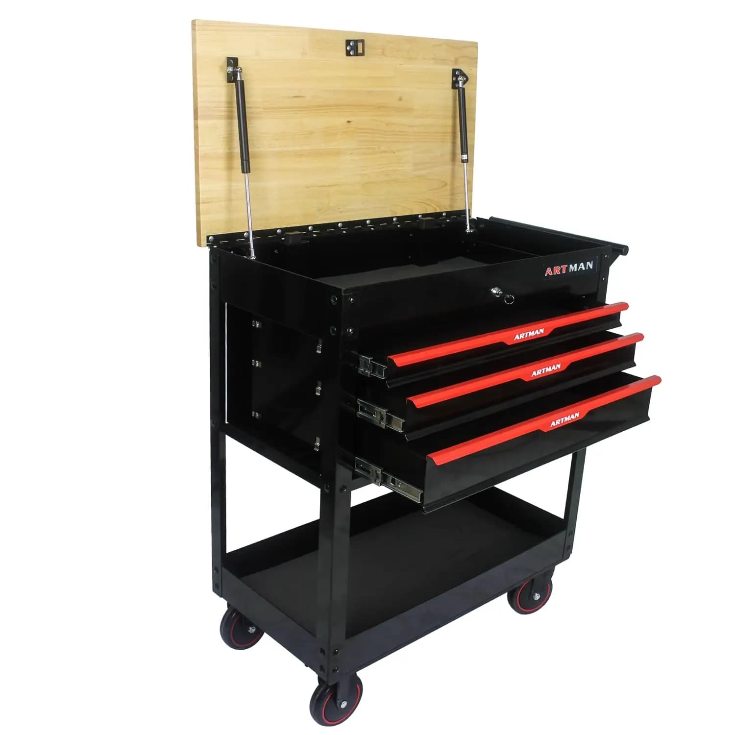 Toolbox with 3 Drawers, Tool Box with Wheels, Wood Floor, Mechanical Organizer, Customizable