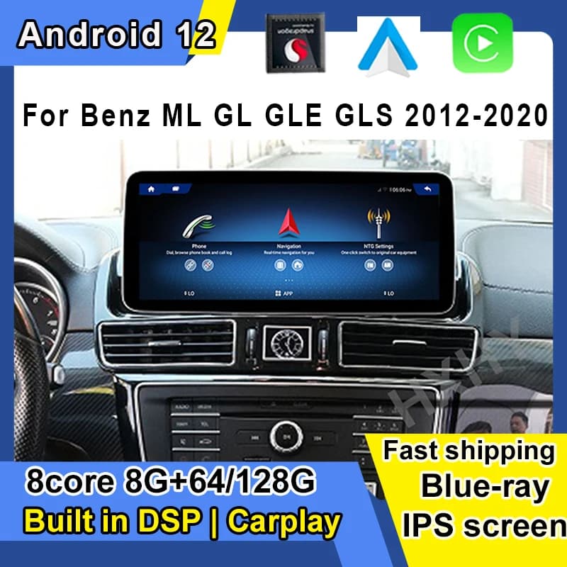 Lettore schermo per auto Android 12 per Benz ML GL GLE GLS 12-20 GPS Navi Multimedia Stereo 8 + 128 GB di RAM WIFI Google Carplay Qualcomm