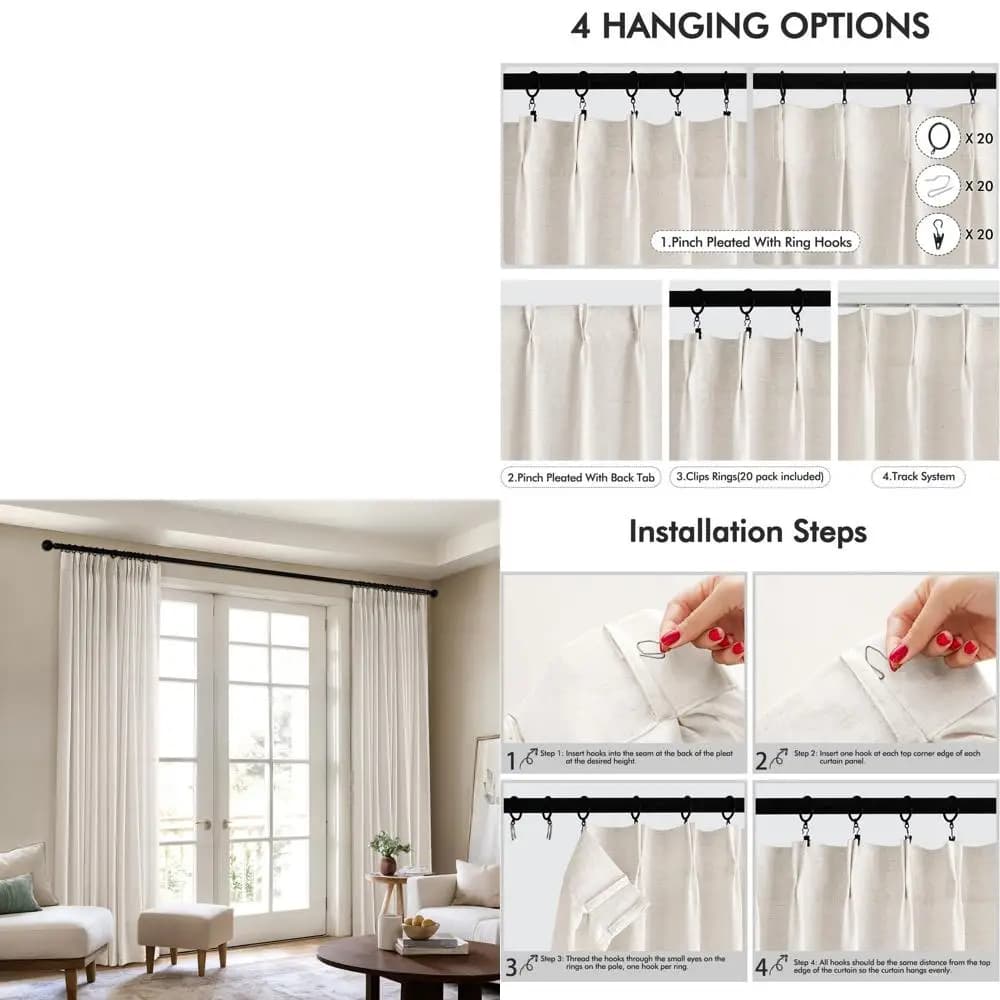 Plissettate Plissettate Tents Transparent Lengths 233 cm, Plissettate Curtains Linen Effect with Rings and Clips, Set of 2 Binary System Panels, Natural Color
