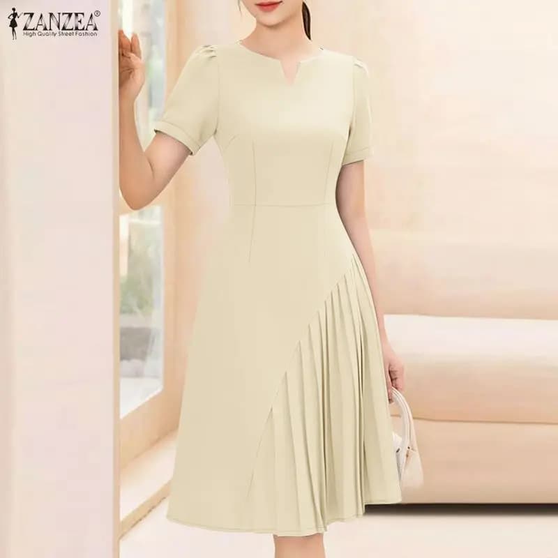 ZANZEA Elegante Abito Estivo da Donna con Scollo a V e Maniche Corte 2026, Vestito Casual Tinta Unita al Ginocchio, Abito Elegante Plissettato