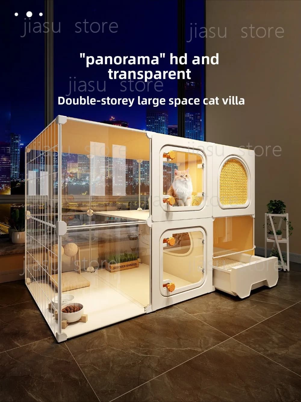 Extra Large Panoramic Cat Villa Indoor Home Cat Cage with Free Space, Integrated Cat Litter Box