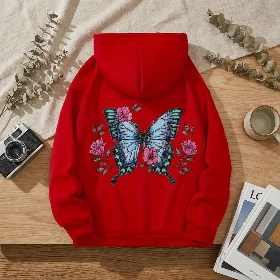 Autumn Fall Women Plus Size Butterfly Graphic Print Sweatshirt Oversized Pullover Soft Stretch Long Sleeve Kangaroo Pocket Casual Daily Hoodie