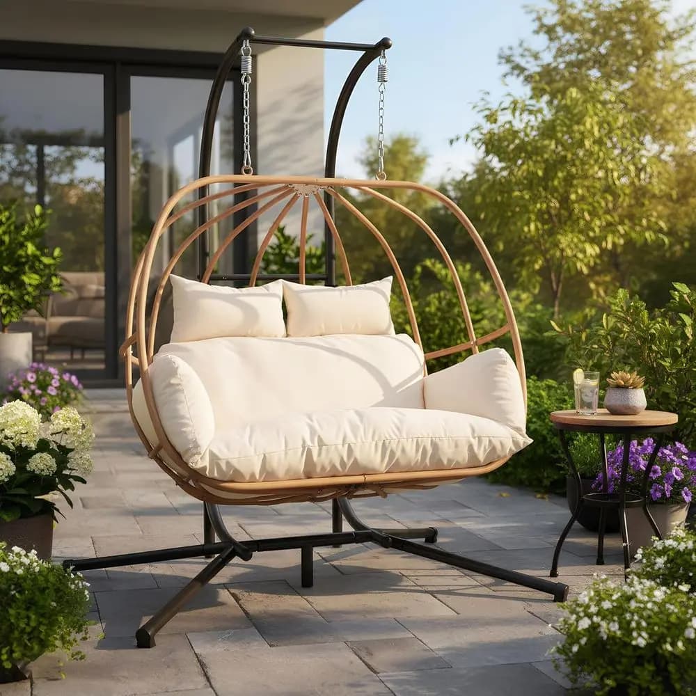 Sedia a dondolo doppia a forma di uovo, con cuscino, per interni/esterni, per 2 persone, perfetta per balcone, portico, giardino - Beige