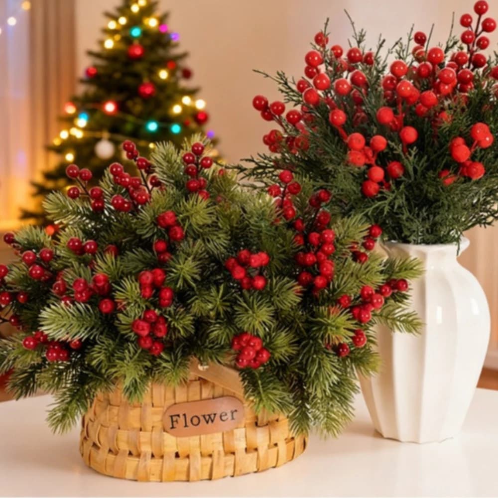 1 Bunch Artificial Plant Pine Branches with Berries Fake Pine Needle Faux Red Berry Stems for Christmas DIY Wreath Home Decor