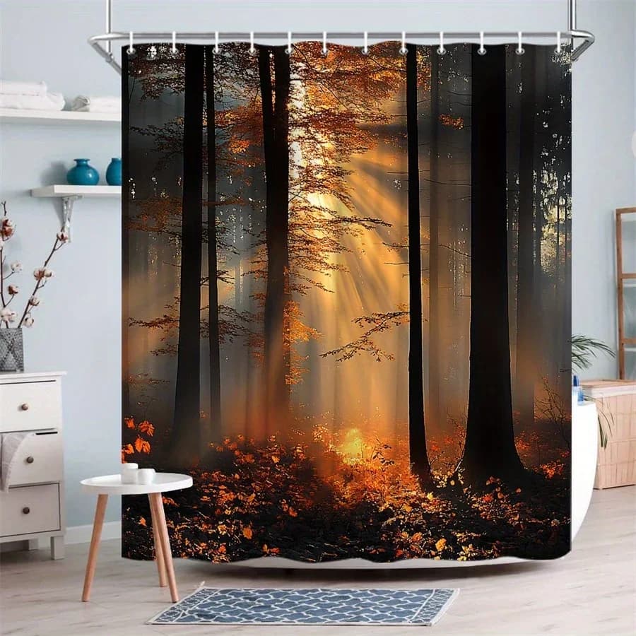 Tenda da doccia extra large da 1 pezzo - Decorazione da bagno foresta autunnale tranquilla con alberi alti, foglie cadute e filtraggio della luce solare - Mac