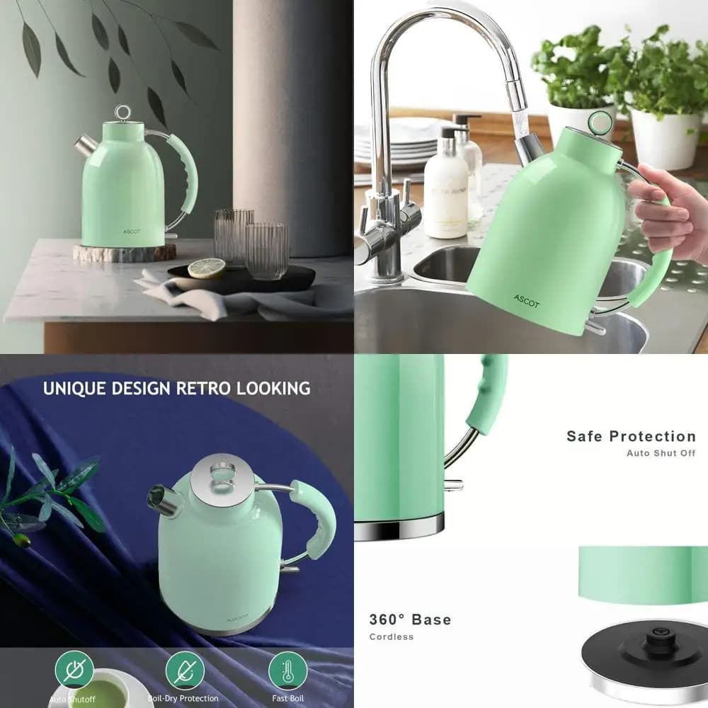 1.5 liters green wired electric kettle with 1500 W, fast boiling, automatic shutdown and boiling protection