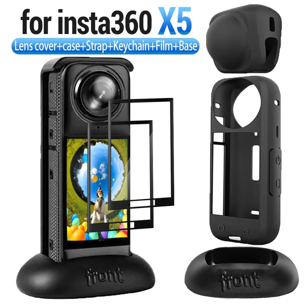 Per Insta360 X5 Base in silicone Copriobiettivo Custodia esterna con cinturino Protezione schermo Pellicola antigraffio Kit di accessori protettivi