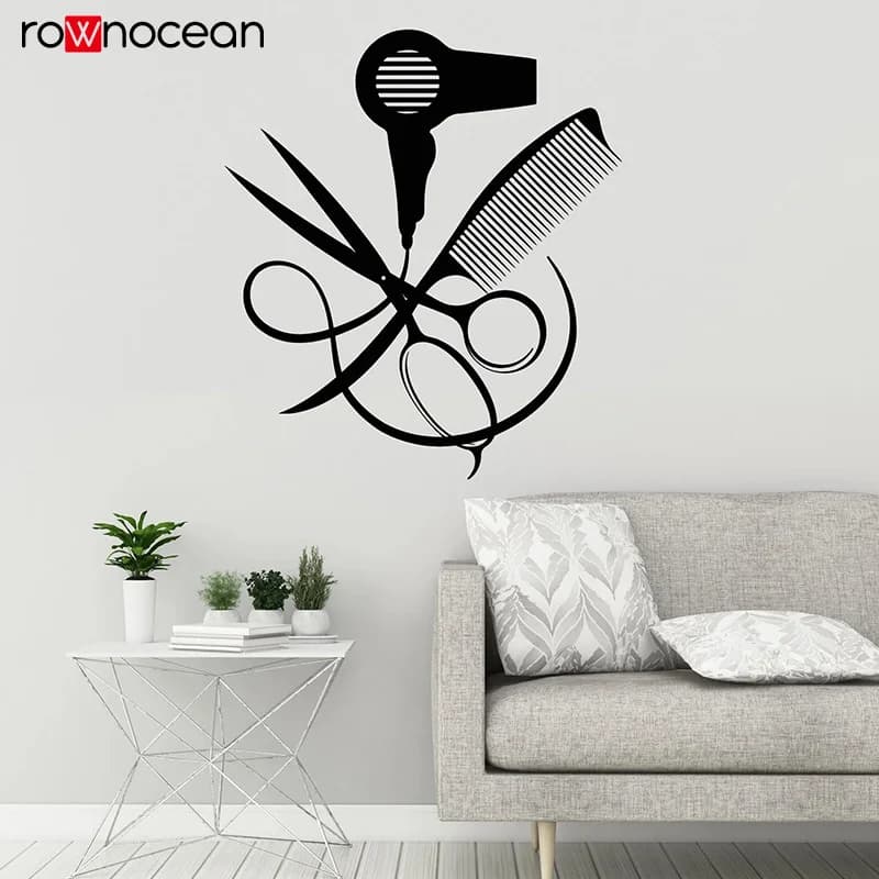Adesivo da parete per parrucchieri con forbici, pettine e asciugacapelli, decorazione in vinile per salone di bellezza, barbiere, studio di bellezza E643