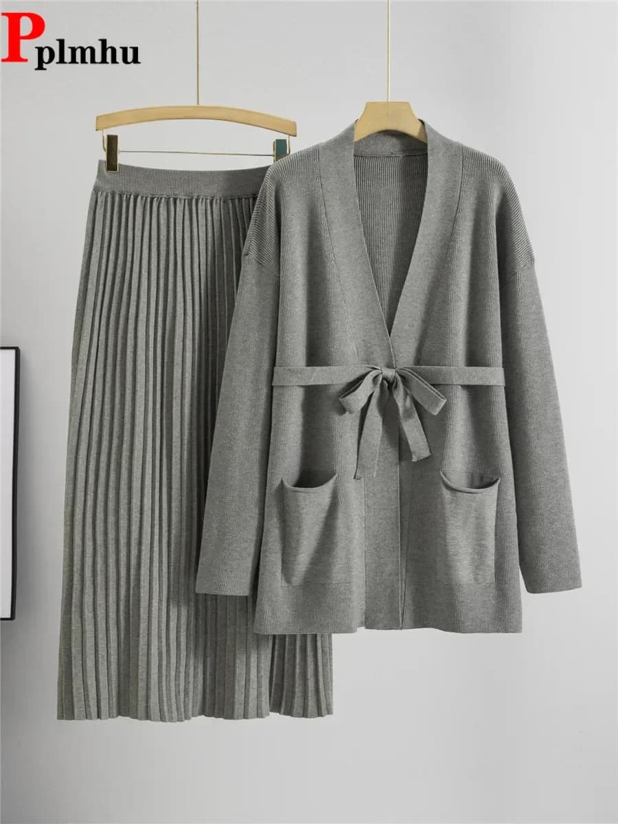 Design elegante lavorato a maglia allentato set da 2 pezzi gonne a vita alta foderate a trapezio outfit maglieria da donna nuovo maglione cardigan top conjuntos