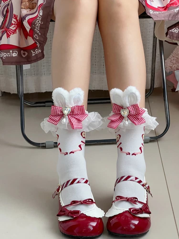 Moda giapponese versatile bordeaux Lolita calzini con orecchie di coniglio ragazza ciondolo in pizzo plaid fiocco fatto a mano calzini di cotone da donna