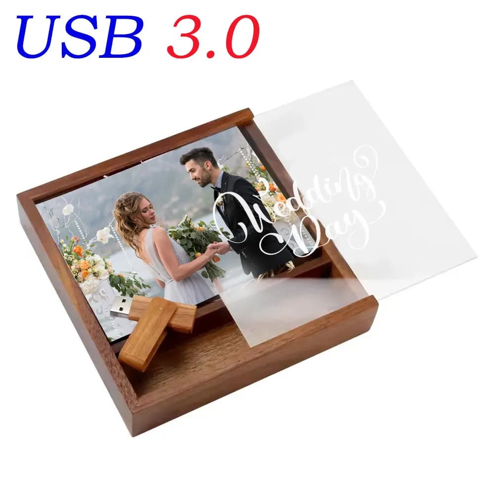 Chiavette USB in Scatola di Legno 128GB, Regalo Creativo per Fotografia e Matrimonio, Memoria USB 3.0 64GB, Pen Drive 32G con Incisione Laser