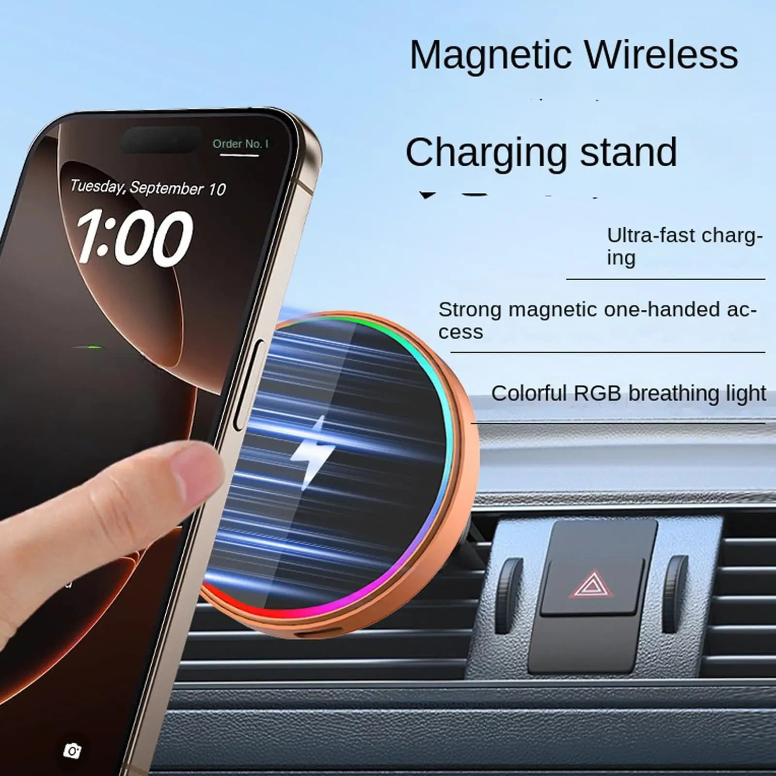 Car Magnetic Phone Holder With RGB Light 15W Fast Charging Rotatable Smartphone Stand Mount For Air Vent SUV RV Pickup Van