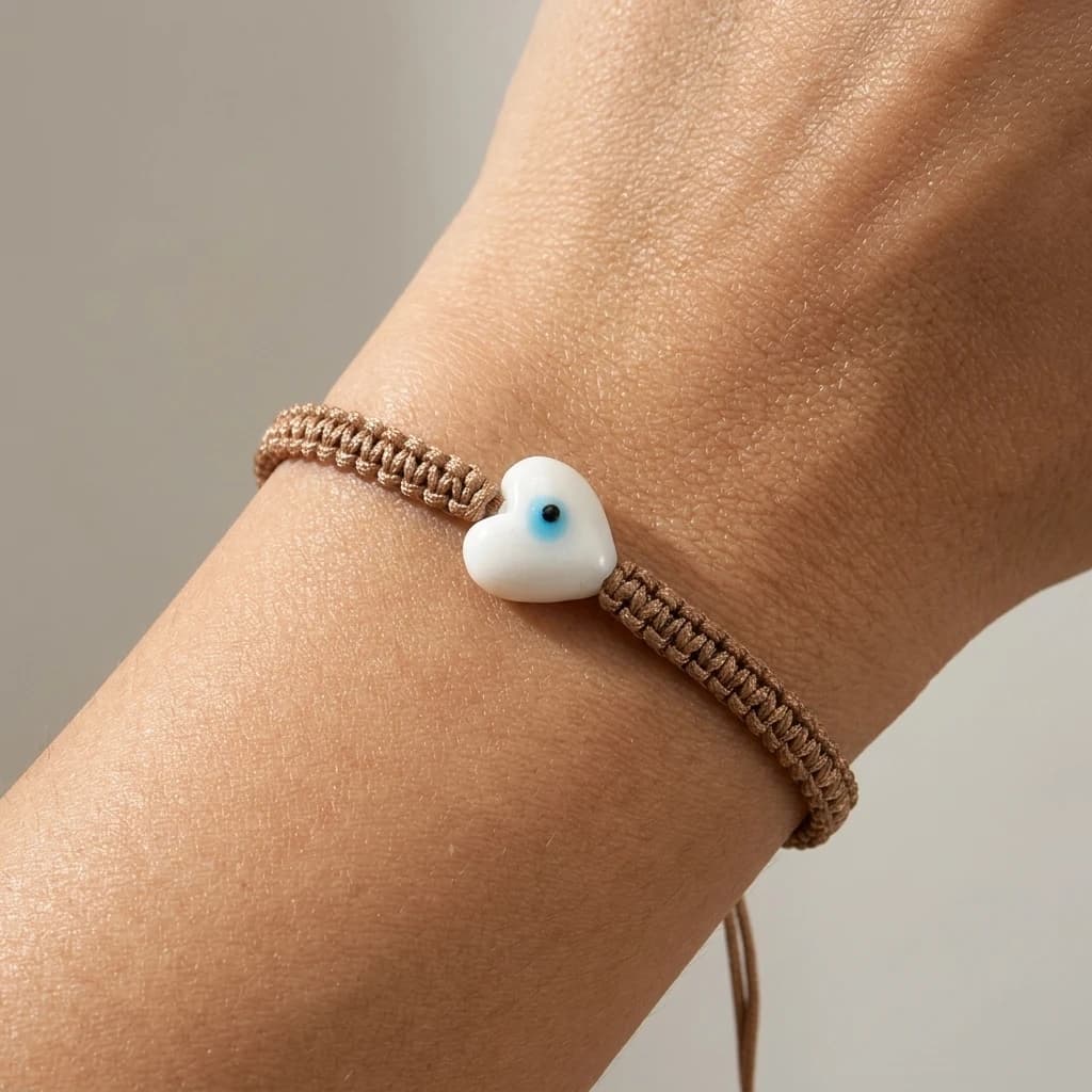 1pc Brown Woven Cotton Cord Bracelet with White Heart Evil Eye Charm Adjustable Tie Boho Bracelet for Women Gift for Her