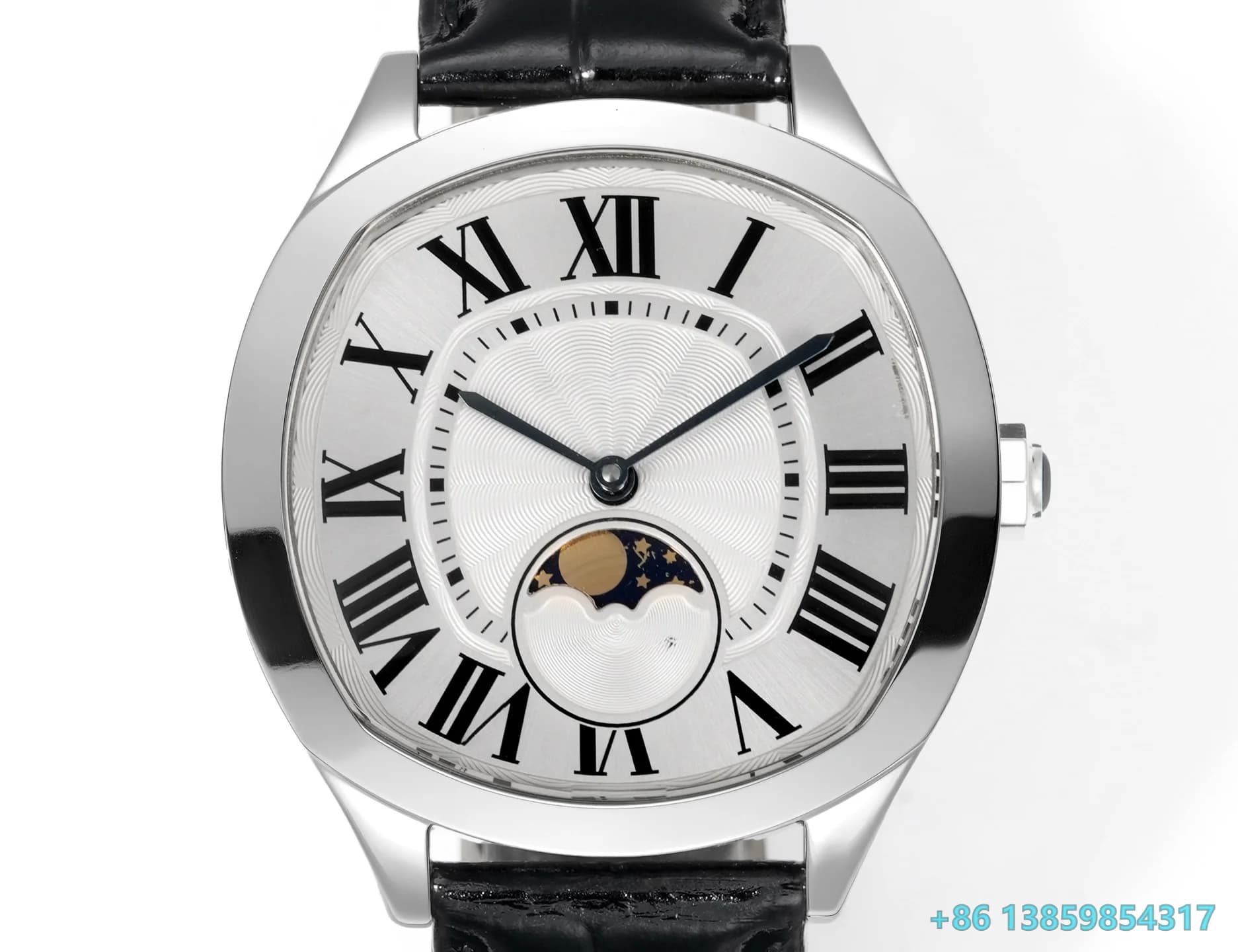 Orologio da Polso Meccanico Automatico da Uomo con Cinturino in Pelle, Cassa in Acciaio Inossidabile, Vetro Zaffiro, Quadrante Romano e Fasi Lunari