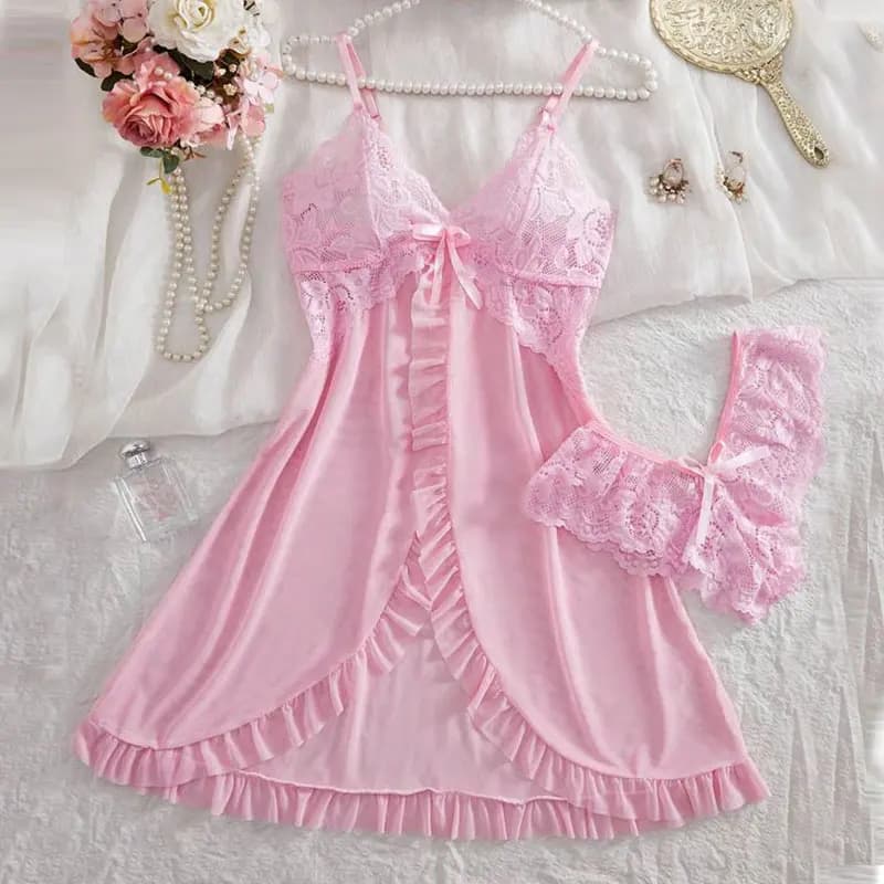 Set di Lusso Rosa per Donna: Camicia da Notte e Pigiama Coordinato, Senza Maniche, Halter, Scollo a V, con Reggiseno e Perizoma