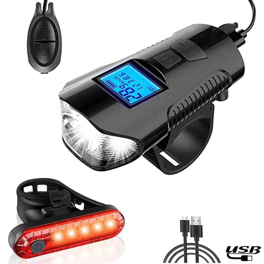 Set luci per bici, faro per bicicletta con clacson e contachilometri tachimetro, luce anteriore per bici ricaricabile tramite USB e fanale posteriore