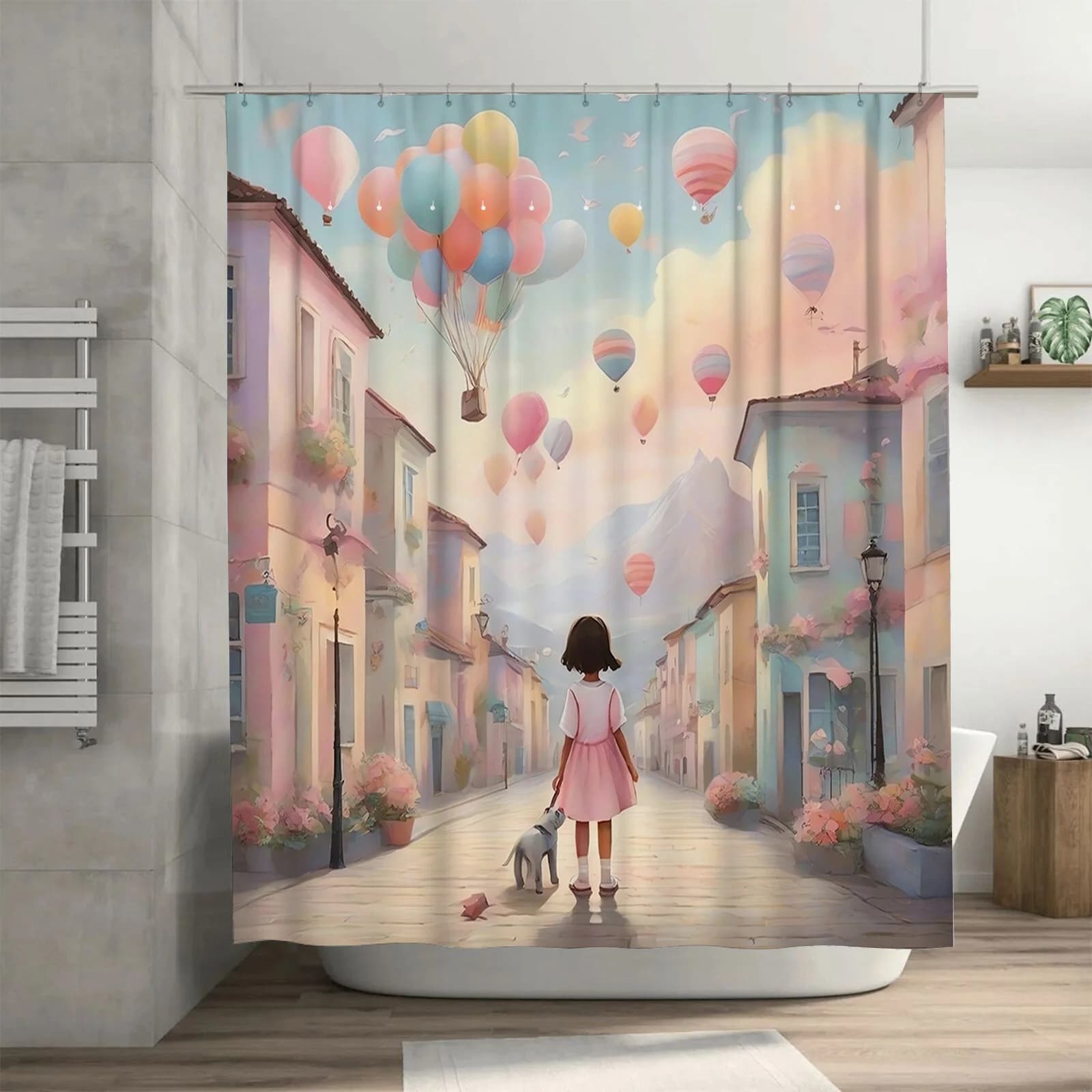 Tenda da doccia per ragazza e palloncini | Decorazione da bagno per bambini sognanti