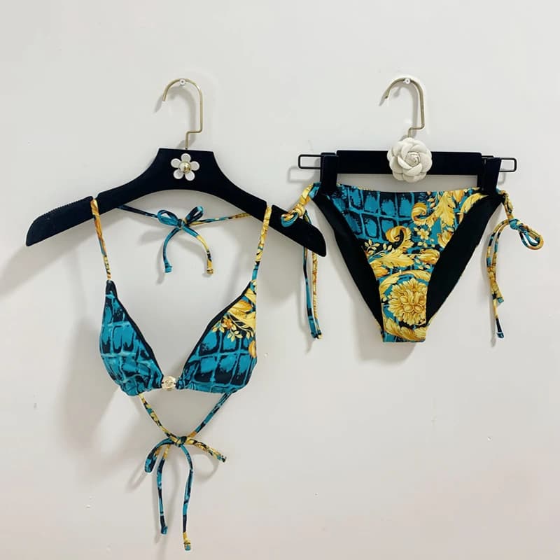 Fashionable Baroque Snake Print Bikini Set Three-Point Style Women's Beach Hot Spring Split Swimsuit Sexy Polyester Fabric