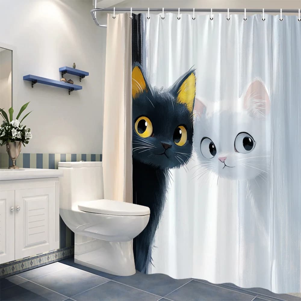 Tenda da doccia per gatti giocosi da 1 pezzo - Design di gatti che sbirciano in bianco e nero con sfondo pastello
