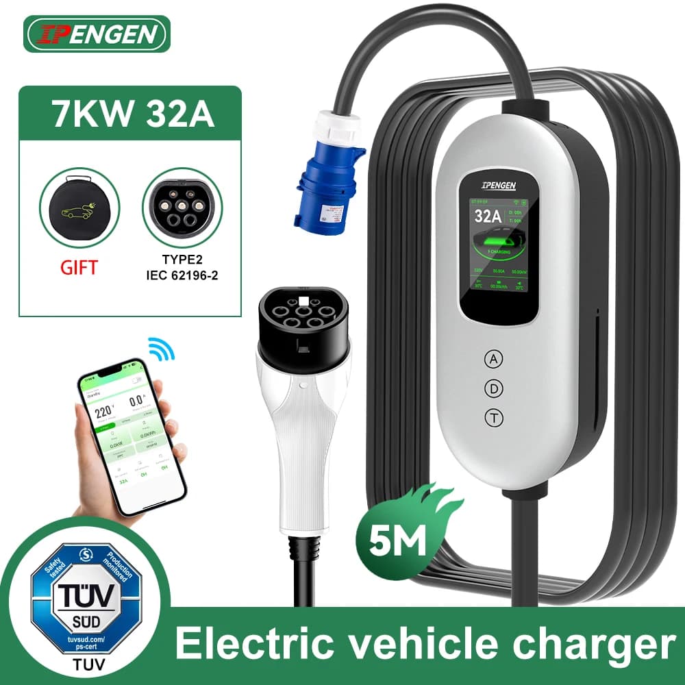 IPENGEN 7KW Portable EV Charger Type2 32A 1Phase Electric Car Charger 5M Cable EVSE Charging Cable Wallbox With APP Control