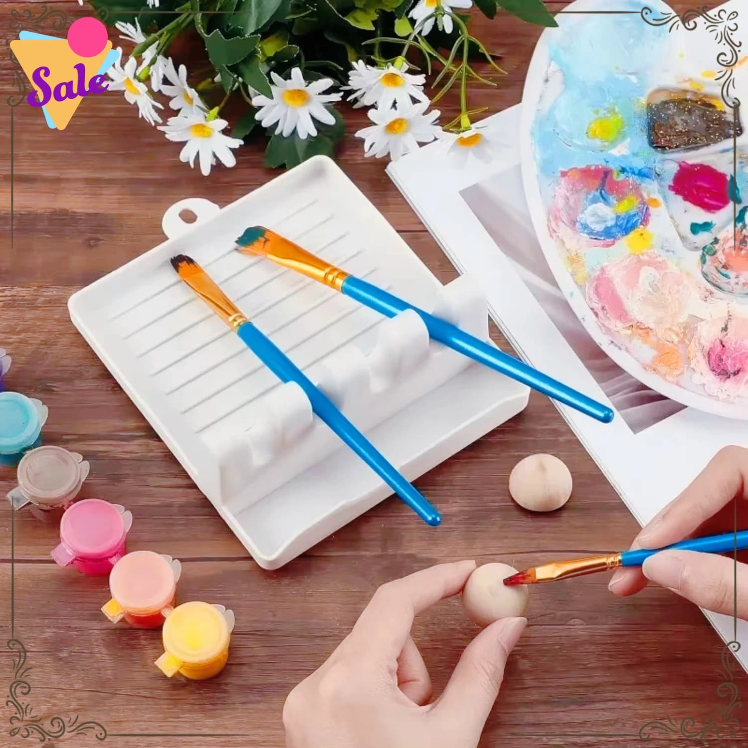4-Slot Plastic Paint Brush Rest Holder with Drip Tray - White Artist Brush Stand for Watercolor, Oil, Acrylic Painting