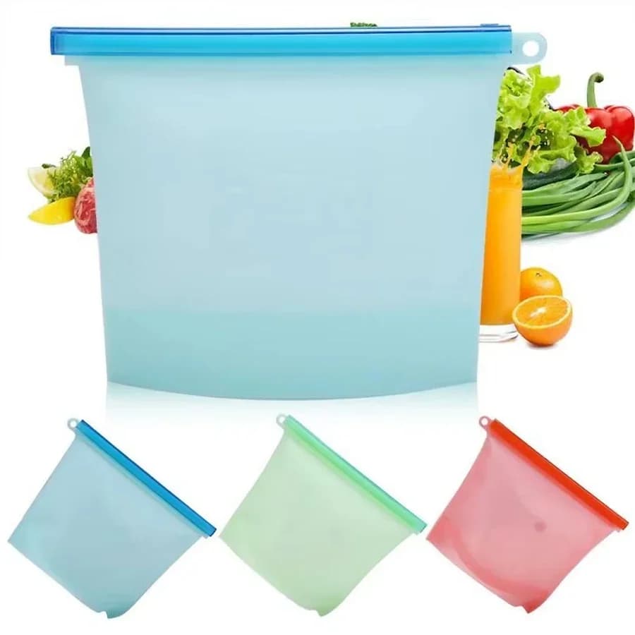 Sacchetti Riutilizzabili in Silicone per Alimenti da 1000ml, per Pranzo, Sandwich, Snack, Liquidi, Frutta, Congelatore, con Chiusura a Zip, 4 Colori
