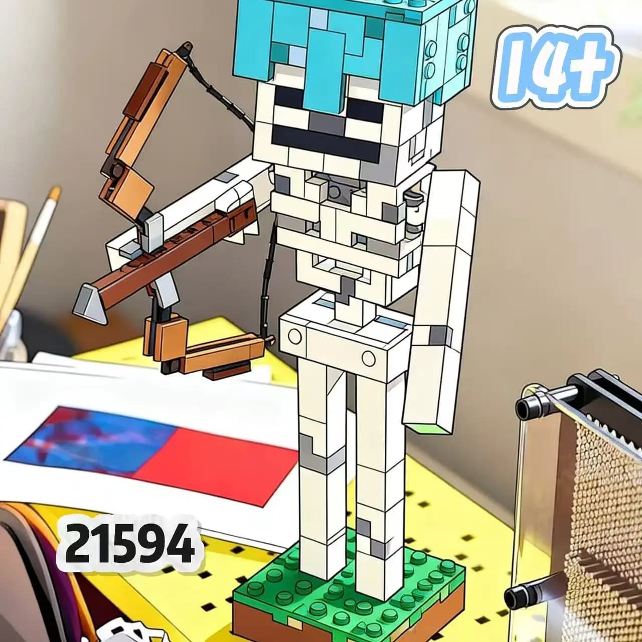 The little figure holds a bow and arrow, 502 skull block toys, wears a detachable diamond helmet, and is a brick gift