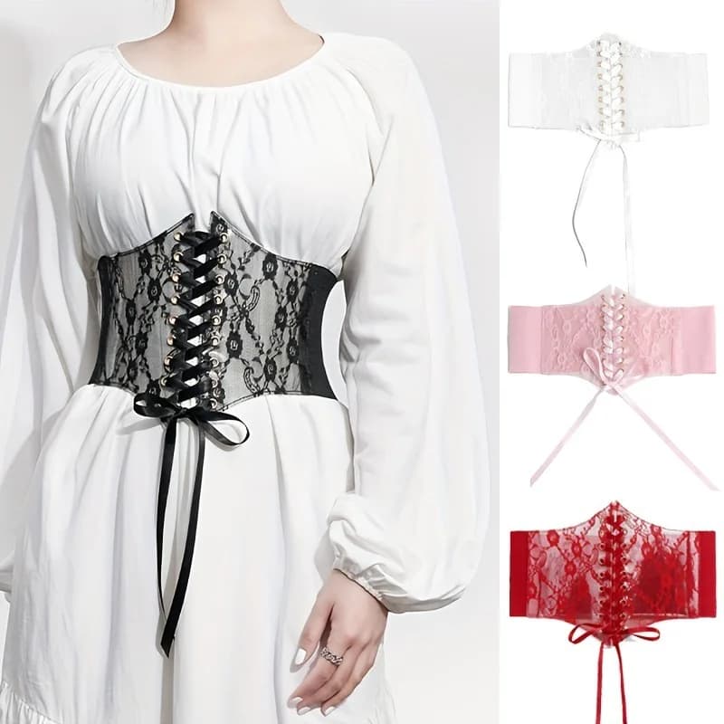 Cintura Corsetto da Donna alla Moda con Lacci, Ricamo Floreale, Elastica, Nera e Bianca, Larga in Pizzo, Modellante, Fascia Addominale