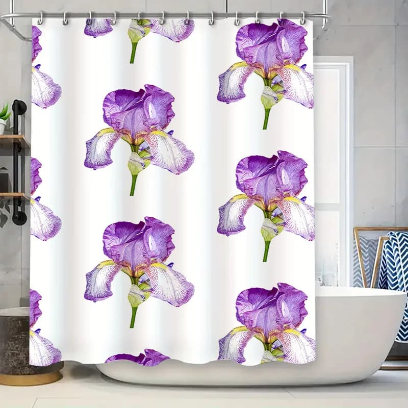 Incantevole giardino con iride: tenda da doccia con fiori viola per un'arredamento del bagno fresco e ispirato alla natura