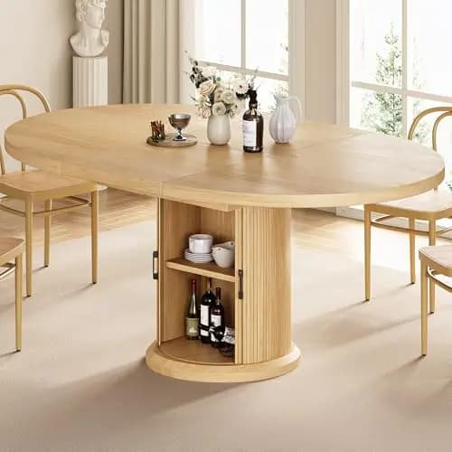 Tavolo da Pranzo Ovale Allungabile in Legno Naturale 47-63 Pollici con Base a Piedistallo a Due Livelli con Vano Contenitore Nascosto per 4-8 Persone